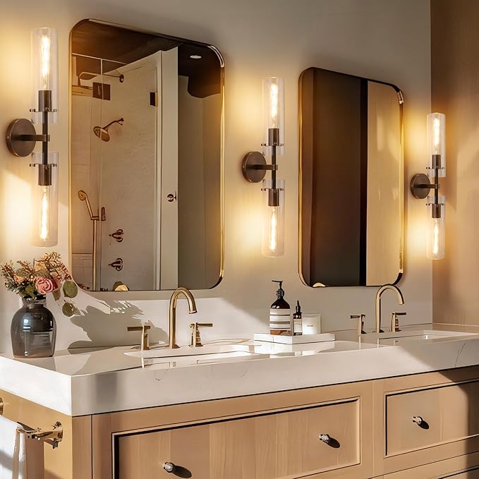 Brass Bronze 2-Light Knurled Wall Sconce, Dual-Head Vanity Lamp Set of Two with Clear Glass Tube, Bathroom Wall Sconces, Wall Lights for Living Room Bedroom Hallway Kitchen Bathroom Mirror