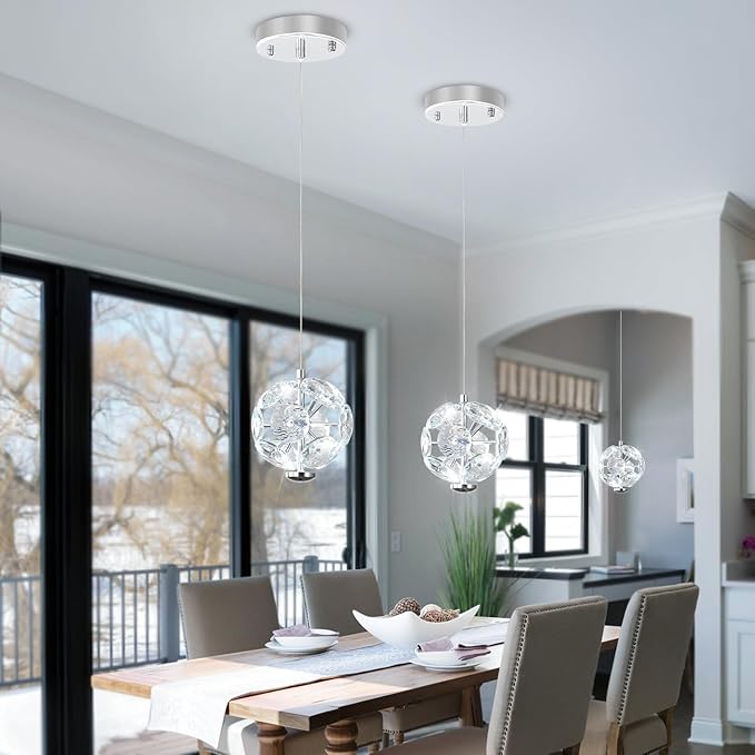 ykolupty Pendant Lights Kitchen Island Crystal Globe Chandelier LED Silver Island Light Crystal Pendant Light for Dining Foyer Entrance