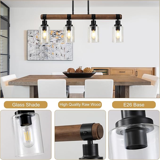 Dining Room Chandelier Over Table, 4-Light Farmhouse Kitchen Island Lighting, Matte Black Rustic Wood Chandelier with Clear Glass Shade, Ceiling Pendant Light Fixture for Kitchen