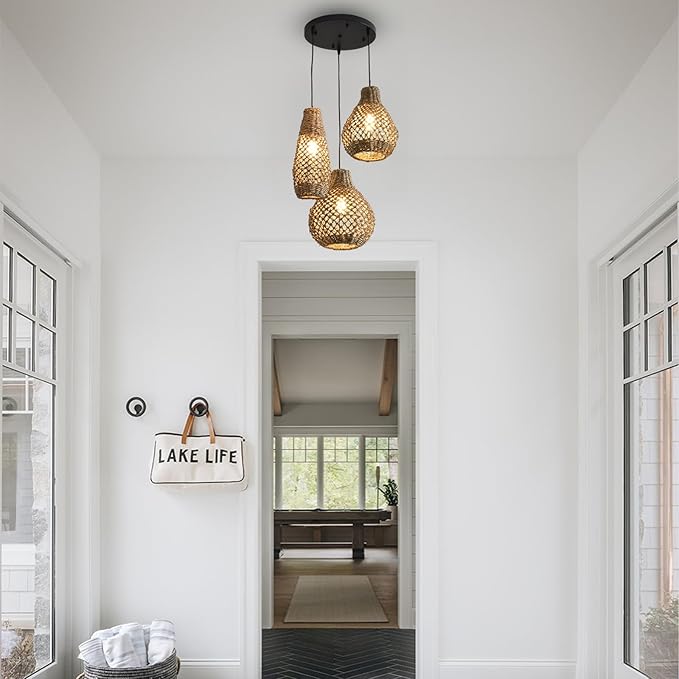 3-Lights Rattan Pendant Light Fixture,Boho Hand Woven Wicker Seagrass Farmhouse Ceiling Hanging Lighting,for Kitchen Island Dining Room, Restaurant, Hallway, Foyer,