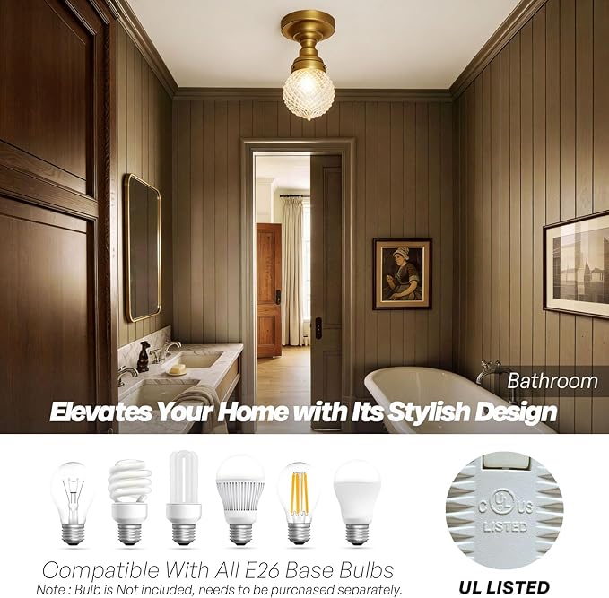 Schoolhouse Semi Flush Mount Ceiling Light, Brass Gold Close to Ceiling Light Fixtures with Hand-Blown Glass Shade Modern Hallway Ceiling Lamp for Laundry Entryway Kitchen Bathroom E26