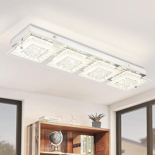 Flush Mount Ceiling Light Crystal Ceiling Light Fixture 24IN Long Rectangle Lighting Fixtures Ceiling Dimmable LED Ceiling Lights for Kitchen, Bathroom, Hallway, Living Room