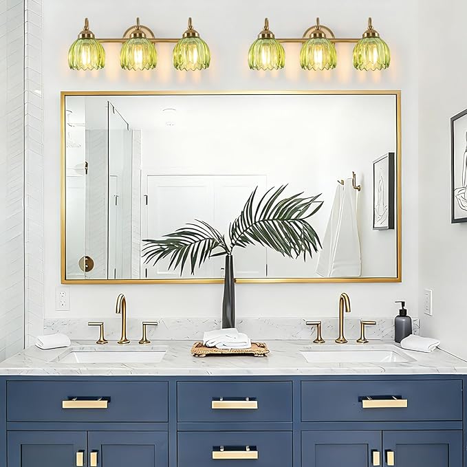 Vintage Bathroom Light Fixtures, Brass Vanity Lights with Green Tulip Glass Shade, Vanity Sconces for Bathroom Bedroom Living Room Hallway, 3-Light