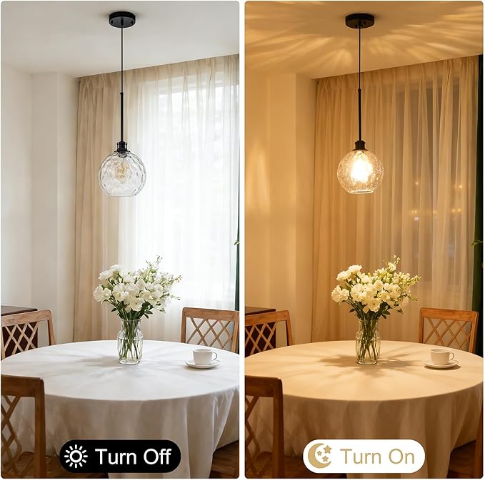 Glass Pendant Light Fixtures, Black Globe Pendant Lights Kitchen Island with 7.8" Clear Hammered Glass, Adjustable Hanging Farmhouse Kitchen Island Lighting For Bathroom Dining Room Sink 1 Pack