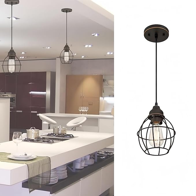 WISBEAM Oil Rubbed Bronze Pendant Lighting Fixture with Brass Edge, Hanging Kitchen Lights with E26 Medium Base Max. 60 Watts, Bulbs not Included, 1-Pack
