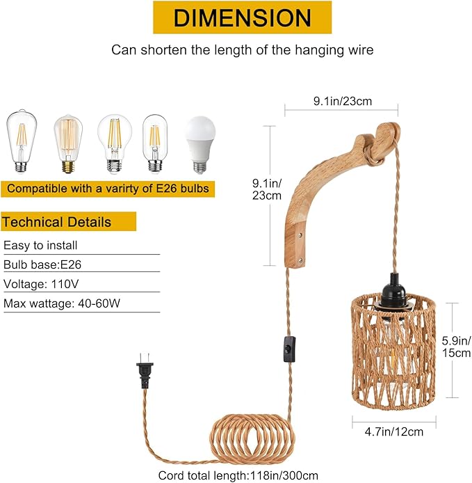 Plug in Wall Sconce,Farmhouse Wicker Wall Lamp Plug in,Hand Woven Rattan Wall Light Farmhouse Rustic Boho Sconces Wall Lighting for Living Room Bedroom