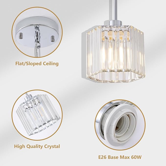 XSDeTu 2 Pack Crystal Pendant Light Fixtures, Modern Chrome Hanging Light, 1-Light Small Farmhouse Chandelier, Adjustable Hexagonal Cage Pendant Lighting for Kitchen Island, Dining Room, Bedroom