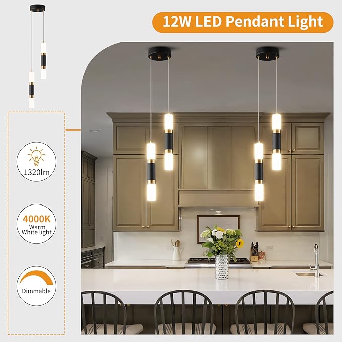 2-Light Pendant Lights Kitchen Island Dimmable LED Modern Mini Pendant Light, Bedroom Small Pendant Light Fixtures (Black Gold)