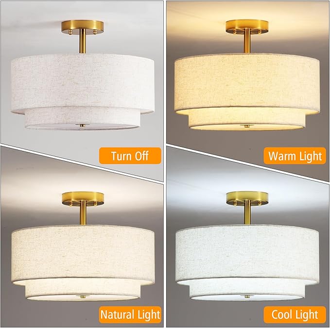16" Semi Flush Mount Ceiling Light Fixture, 3-Light Black Flush Mount Ceiling Light with Double Drum Fabric Shades for Dining Room Bedroom Kitchen Hallway Living Room, E26 Socket