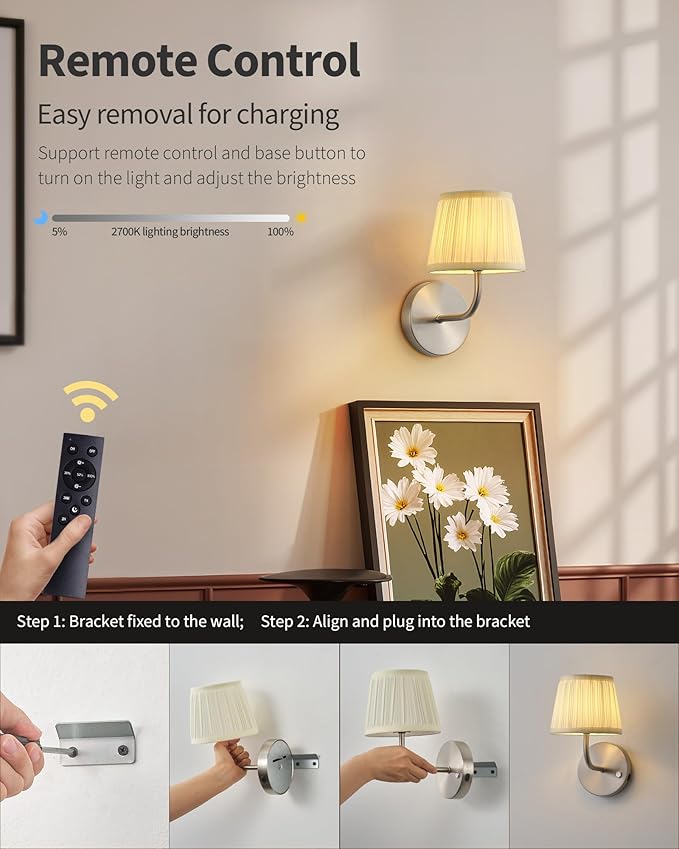 PUSU LED Cordless Nickel H9.6 inch Small Wall Sconces Set of 2, Rechargeable 5200mAh Battery Operated Wall Lamp with Remote, Lighting for Living Room, Bedroom, Hallway, Bathroom, Stairs, Kitchen