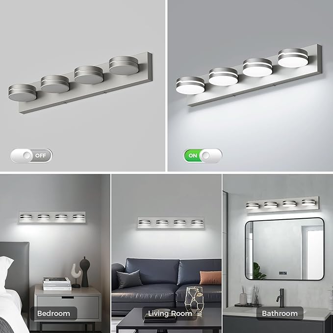 Modern 4-Light Brushed Nickel Bathroom Light Fixture for Bathroom Lighting Fixtures Over Mirror 24W Brushed Nickel Vanity Led Lighting with 350°Rotatable Acrylic Heads (Cool White 5500k)