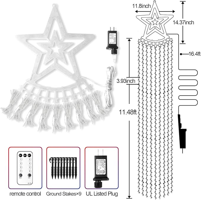 Christmas Decorations Star Lights Outdoor, 11.48ft 350 LED Waterfall Tree Lights with 8 Modes Timer Remote Christmas Lights Plug in for Indoor Yard Patio Home Holiday Party Decor, Multi-Color