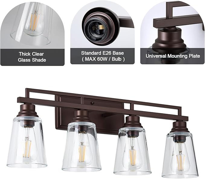 Refice 4-Light Bathroom Vanity Lights, Bathroom Light Fixtures with Clear Glass Shades, Vintage Oil Rubbed Bronze Wall Sconces Over Mirror for Living Room, Farmhouse, Hallway