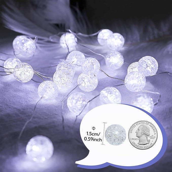 Upgrade Globe String Lights,10FT 30 LED USB Fairy Lights,8 Modes Crystal Crackle Ball Lights,Waterproof Decorative Christmas Lights for Indoor,Outdoor,Bedroom,Classroom,Wedding,Party,White