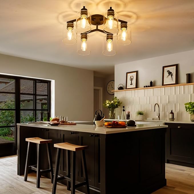 YYT 6-Light Semi Flush Mount Ceiling Light Fixture, Black Light Fixtures for Dining Room Ceiling, Large Kitchen Lighting Fixtures Ceiling for Living Room with Clear Glass Shade