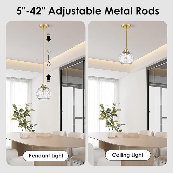 Pendant Lights Kitchen Island 3 Pack,Pendant Light Fixtures with Hammered Glass Shade,Adjustable-Height Island Lights for Kitchen with Detachable Rod,E26 Base Kitchen Pendant Lighting Over Island/Bar
