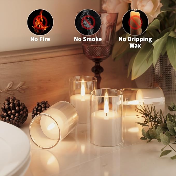 VIODAIM 12Pack Flickering Flameless LED Candles with Remote & Timer, Battery Powered - Small Pillar & Votive, Clear (2"X3")