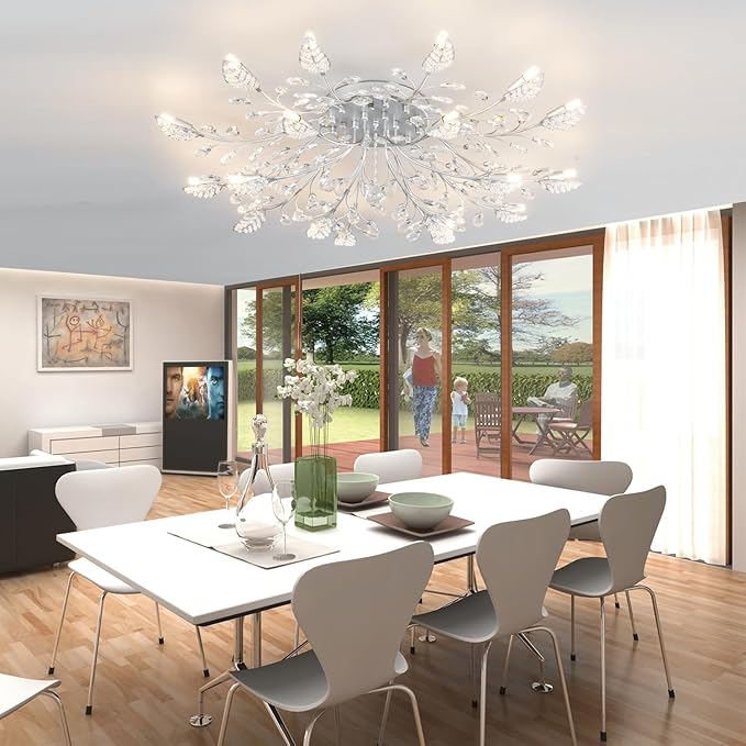 Modern Crystal Ceiling Light Fixture,Silvery Semi Flush Mount Chandeliers,Crystal Leaf Ceiling Light, Chandeliers for Dining Room,Living Room,Bedroom