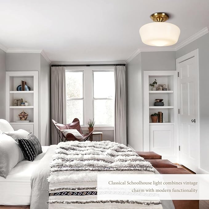 Schoolhouse Style Semi Flush Mount Ceiling Light Fixture, 12" Modern Gold Hallway Ceiling Lamp with Opal Milk Glass Shade Brass, Farmhouse Globe Light for Bedroom Kitchen Hallway Entryway Laundry