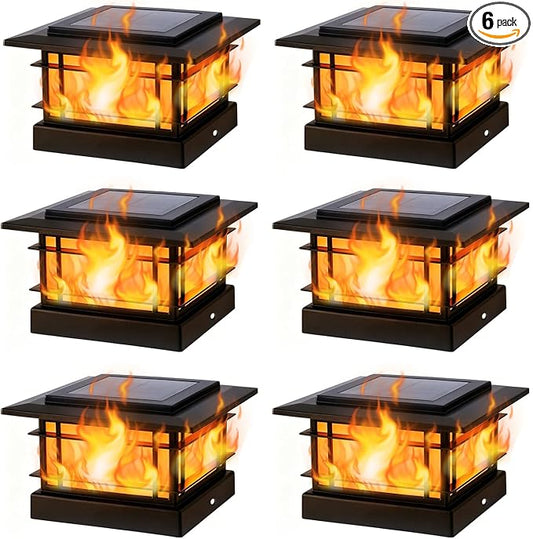 Dynaming 4x4 Solar Post Cap Lights Outdoor with Flickering Flame Light, 6 Pack Black Shell Fence Post Solar Lights Fit 4x4 Vinyl/Wooden Posts, Brightness LED Lighting Decor for Garden Deck Patio
