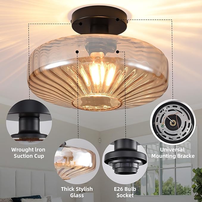 Semi Flush Mount Ceiling Light,11.8 inch Vintage Warm Amber Glass Ceiling Light Fixture,Living Room Lighting Fixtures Ceiling for Hallway Porch Bedroom Bathroom Dining room,E26 Base(Bulb Not Included)