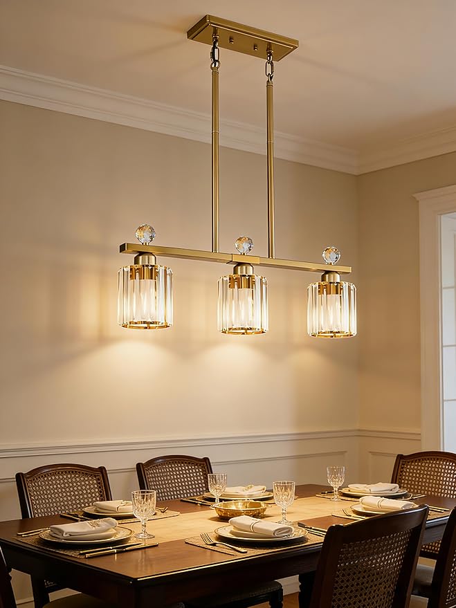 Crystal Island Light for Kitchen Over Table,Gold Linear Pendant Light for Dining Room Light Fixture,3-Lights Ceiling Hanging Chandeliers Dining Room Lighting Fixture with Luxury Crystal Shade