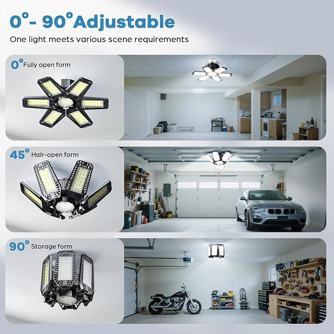 6 Pack Garage Light - 180W 18000 LM 6500K Deformable Garage Lights Ceiling LED with 6+1 Adjustable Panels, Shop Lights E26/E27 Screw Socket for workshops, Parking, Basement, Storage Room