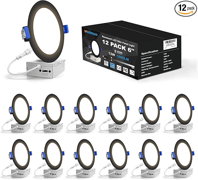 VOLISUN 12 Pack 6 inch Recessed Lighting, 5CCT LED Recessed Light Black, 2700K-5000K Selectable, 13W Eqv 120W, 1080LM Dimmable Canless Wafer Downlight, LED Ceiling Light ETL Certificated