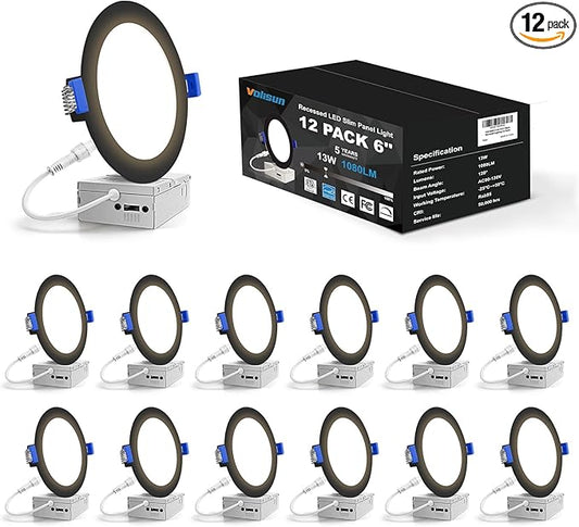 VOLISUN 12 Pack 6 inch Recessed Lighting, 5CCT LED Recessed Light Black, 2700K-5000K Selectable, 13W Eqv 120W, 1080LM Dimmable Canless Wafer Downlight, LED Ceiling Light ETL Certificated