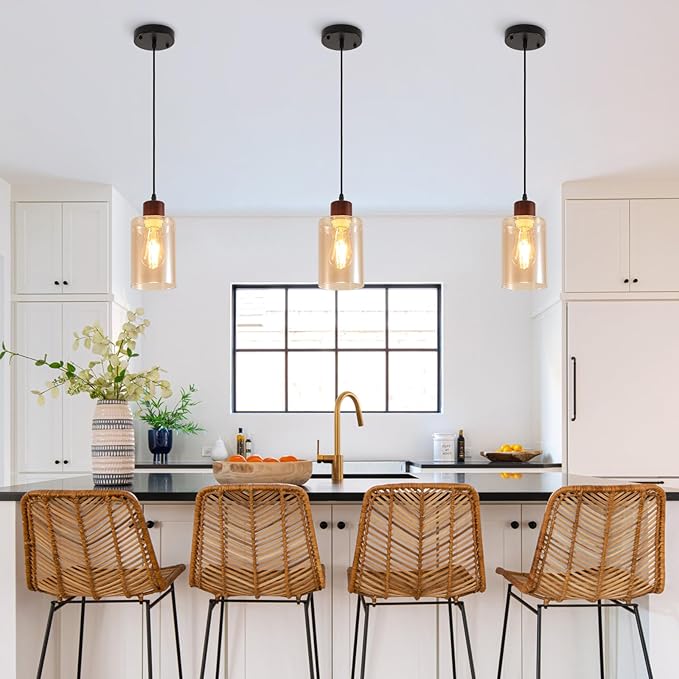 Modern Wood Pendant Lighting for Kitchen Island, Farmhouse Pendant Light Fixtures 3 Pack, Adjustable Hanging Ceiling Light with Amber Glass Shade