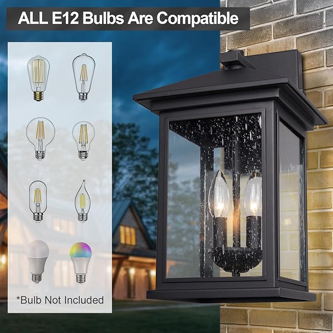 Treekee Outdoor Wall Light Fixtures, 16 Inch Waterproof Square Lanterns, 2-Light Exterior Porch Sconces Lighting with Seeded Glass Shade, Modern Black Lamps for Patio Front Door Entryway