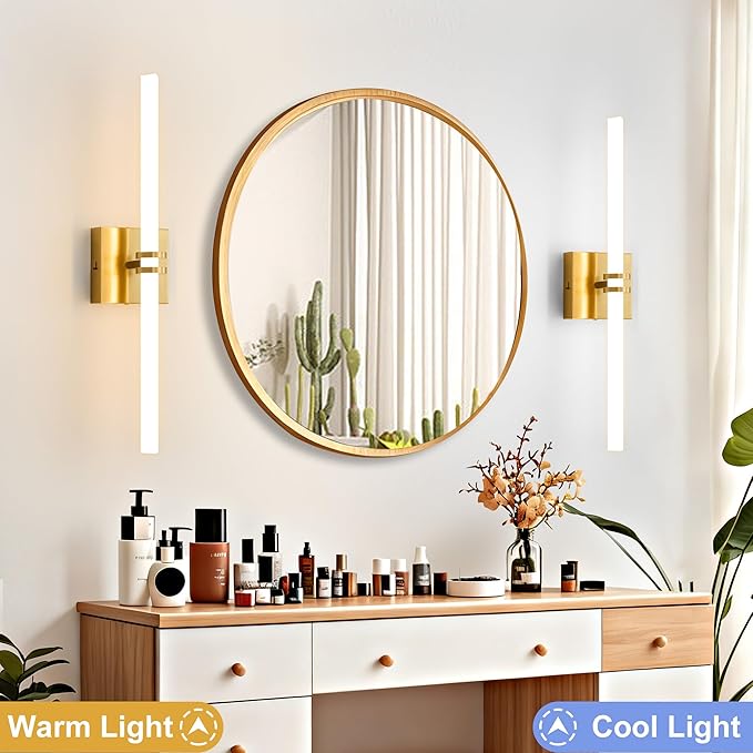 Bathroom Light Fixtures,Gold 18W LED 360° Full Lighting Modern Wall Sconce Vanity Ligh with 5-Color Dimmable 3000K-6000K, 22.05inch Vanity Lighting for Bath, Powder Room, Bedroom, Hallway