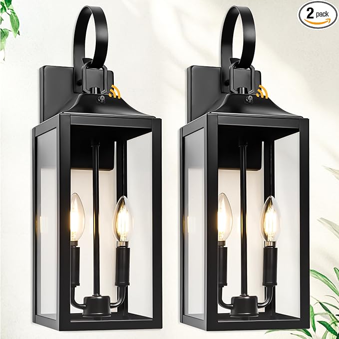 Black Dusk to Dawn Outdoor Wall Lantern 2-Light, 19" Large Modern Outdoor Wall Lights, Industrial Porch Lights Wall Mount with Tempered Glass, Waterproof Farmhouse Exterior Lighting Fixtures, 2 Packs