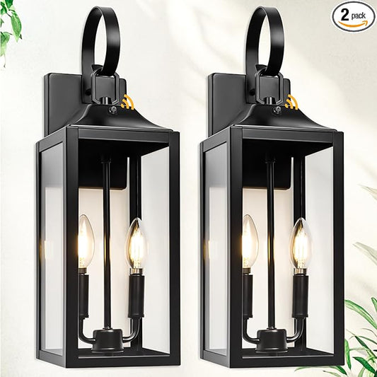 Black Dusk to Dawn Outdoor Wall Lantern 2-Light, 19" Large Modern Outdoor Wall Lights, Industrial Porch Lights Wall Mount with Tempered Glass, Waterproof Farmhouse Exterior Lighting Fixtures, 2 Packs
