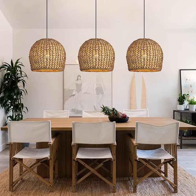 13.77" Brown Rattan Pendant Light Fixtures,1-Light Boho Seagrass Pendant Light,Hand Woven Water Plants Rattan Chandelier for Dining Living Bedroom Kitchen Farmhouse