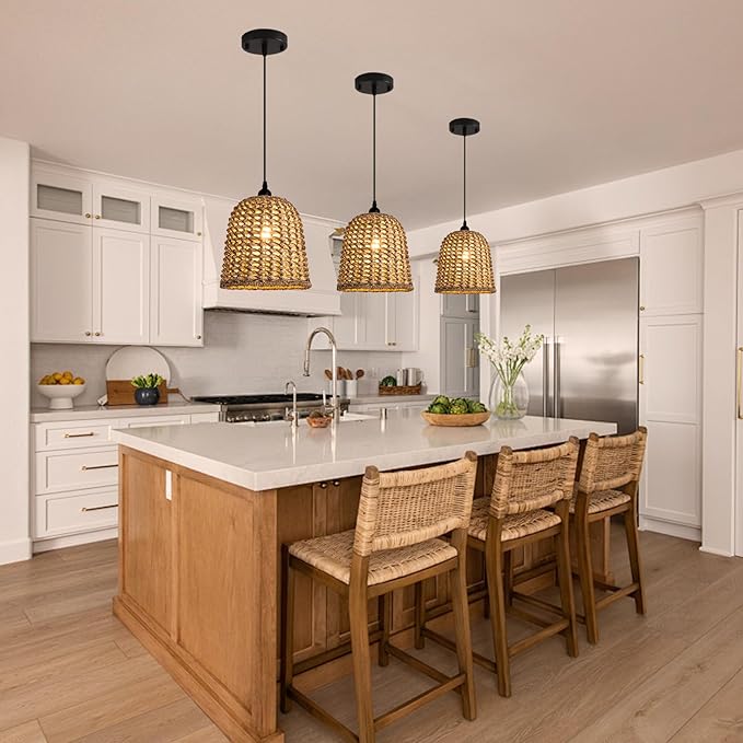 Mini Rattan Pendant Light Fixtures,9.5" Boho Pendant Light,3-Pack Hand Woven Seagrass Rattan Chandelier for Dining Living Bedroom Kitchen Farmhouse