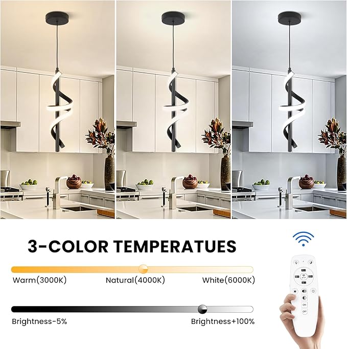 CANEOE Black Pendant Light Fixtures, 3000K-6000K Dimmable Modern LED Pendant Lights,Kitchen Island Pendant Lighting for Dining Room Living Room Bedroom Hanging Light Fixtures,1 Pack