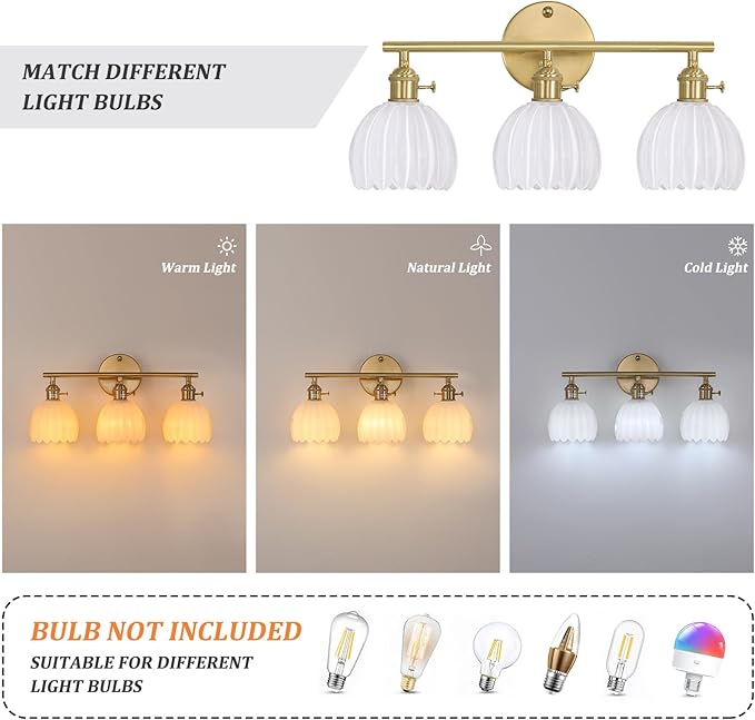 Shenmoyl Bathroom Light Fixtures, 3-Light Brass Vanity wall Light Over Mirror with White Tulip Glass Shade for Bedroom Living Room (Bulb Not Included)