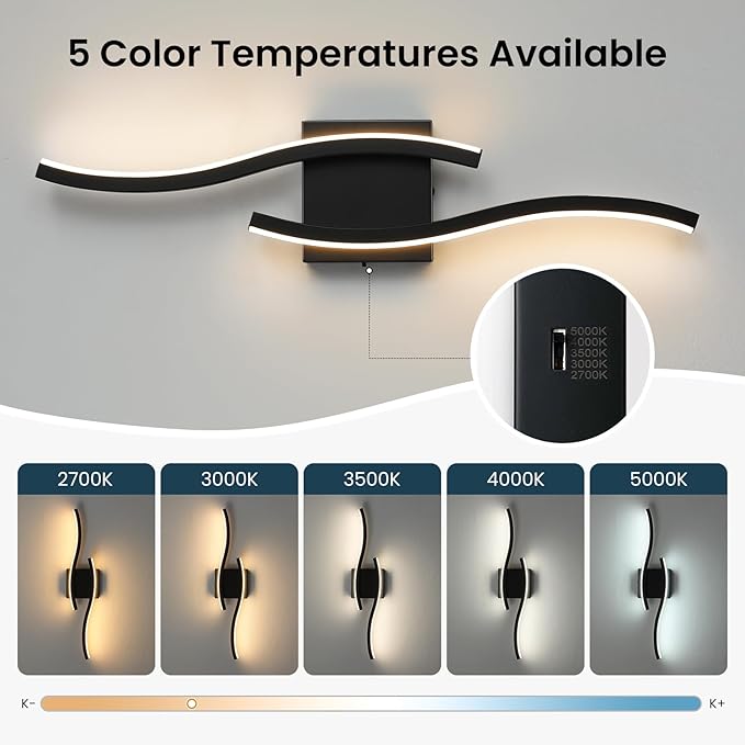 WOSHITU Bathroom Vanity Lights Over Mirror: 23.6 Inch 24W Black LED Bathroom Lighting Fixtures 5CCT Dimmable 2700-5000K Vanity Lighting Modern Bath Sconces Wall Light for Mirror Bedroom Living Room