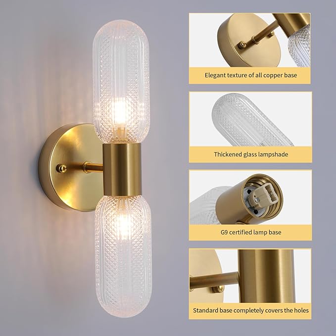 Modern Gold Wall Sconces, 2-Light Hardwired Brass Vanity Light Fixture with Glass Shade, Wall Lighting for Living Room Bedroom Bathroom Hallway, 2 G9 LED Bulbs Included