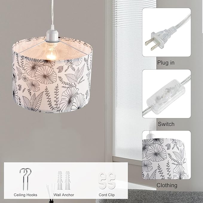 2 Pack Plug in Pendant Light, Hanging Light with 15Ft Clear Cord, On/Off Switch, Flower Fabric Lamp Shade, Hanging Light Fixture for Bedroom, Kitchen, Living Room, Dining Table