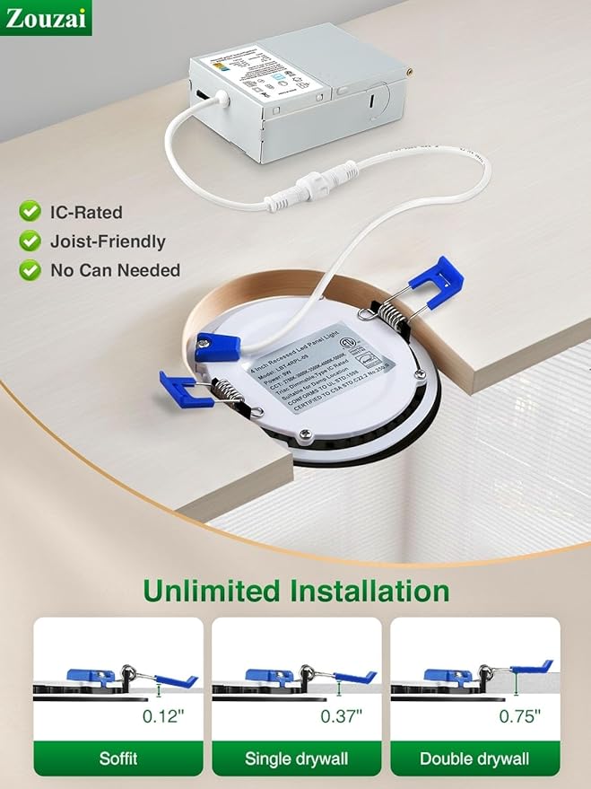 zouzai 8 Inch Black 18W Eqv 150W 1685LM 5CCT Ultra-Thin LED Recessed Ceiling Light with Junction Box 2700K/3000K/3500K/4000K/5000K Selectable, Dimmable ETL and Energy Star Certified【6 Pack 】