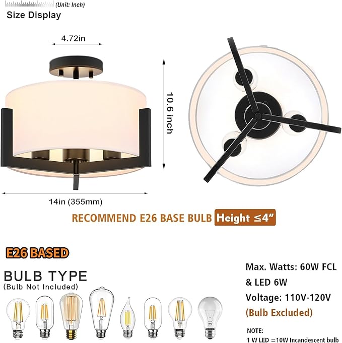 14 inch Black Semi Flush Mount Ceiling Light, 3-Light Modern Lighting Fixtures Ceiling Mount with White Drum Fabric Shade for Bedroom Entryway Hallway