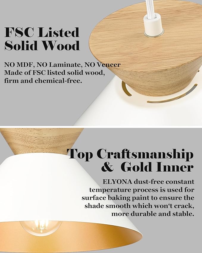 ELYONA 3 Pack Modern Pendant Light Fixtures Solid Wood Ceiling Hanging Lamp Matte White Metal & Gold Inner Finish Nordic Pendant Light for Farmhouse Kitchen Island Dining Room Bedroom Living Room