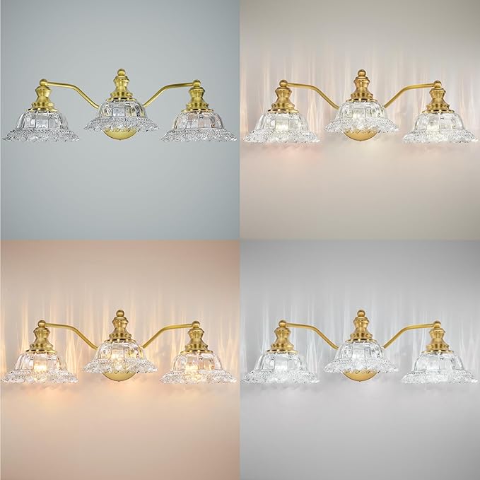 Espird Brass Bathroom Light Fixtures Over Mirror, 3 Light Vintage Bathroom Vanity Light Fixture with Clear Flower Glass Shades, Retro Gold Wall Sconce E26 Vanity Lights for Bathroom Living Room