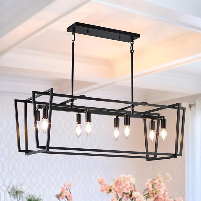 8-Light Dining Room Light Fixture, Farmhouse Pendant Lights Kitchen Island, Rustic Black Chandeliers for Dining Room, Rectangle Hanging Light Fixtures Over Table