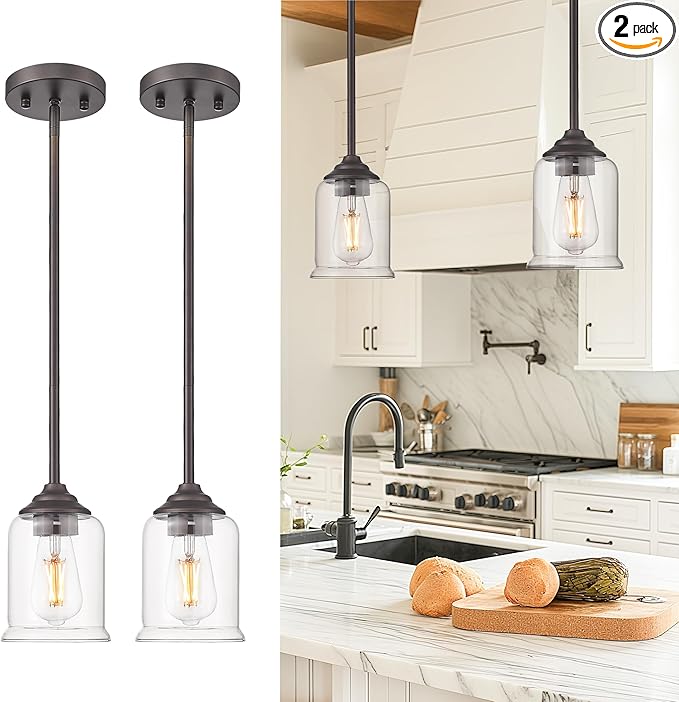 zeyu Farmhouse Hanging Pendant Lights 2 Pack, Modern Pendant Lights Kitchen Island with Clear Glass Shade, Oil Rubbed Bronze Finish, ZSL104MIL-2 ORB