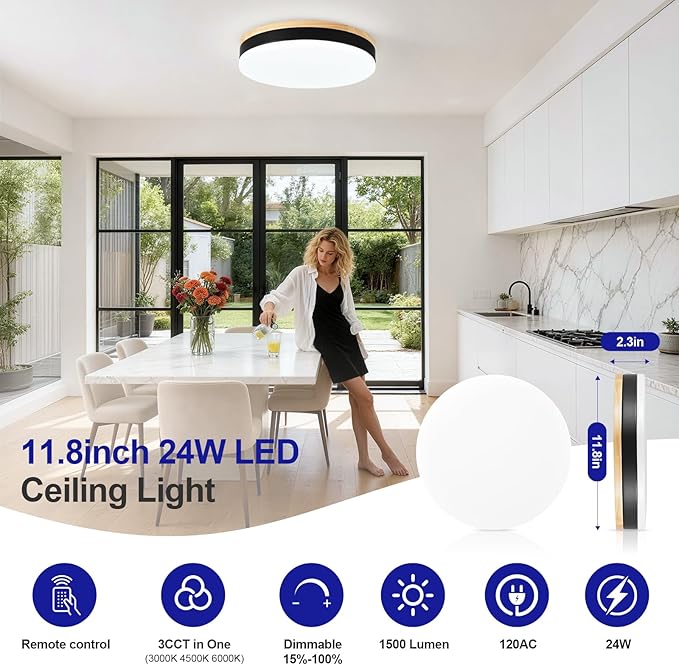 Dimmable Wood LED Flush Mount Ceiling Light with Remote, 24W 3CCT 3000K-6500K Adjustable Close to Ceiling Light Fixture, 11.8inch Black Round Ceiling Lamp for Kitchen, Bedroom, Living Room