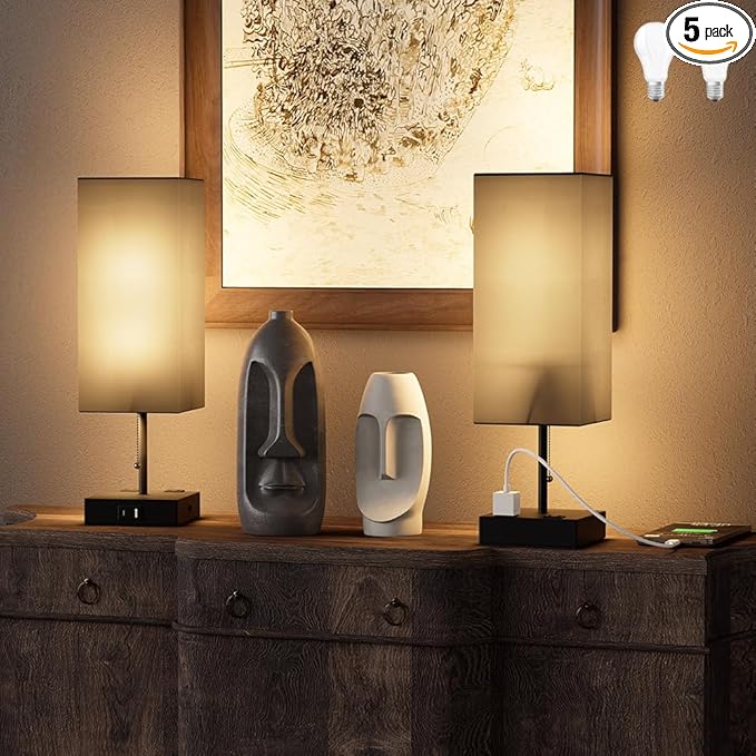 YIDPU Table Lamp for Bedroom with USB,Bedside Lamp with USB C+A Charging Ports,Adjustable 3color LED Light for Home Decor/Nightstand/Office,Included Bulb and Fabric Lamp Shade (Linen Black, 2PCS)