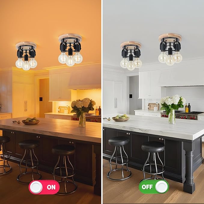 SEEBLEN 3-Light Round Flush Mount Ceiling Light，Rustic Ceiling Track Lighting with Wooden Base, Adjustable Multi-Directional Kitchen Light fixtures for Dining Room Hallway Entryway Bedroom.